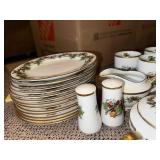 Holly Berry Gold Rim China Dinnerware Set - Teapot, Creamer, Sugar & 12 Plates with Cups