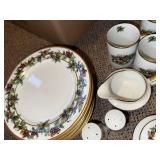 Holly Berry Gold Rim China Dinnerware Set - Teapot, Creamer, Sugar & 12 Plates with Cups
