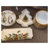 Gien Le Houx Faience Plates - Holly Pattern, France; Williams-Sonoma Gold Rim Dinner Plates