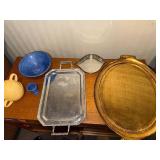 Gold Oval Tray, Silver Beaded Tray, Blue Bowl, Goblet & Teapot - 6-Piece Kitchenware Lot