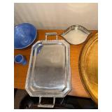 Gold Oval Tray, Silver Beaded Tray, Blue Bowl, Goblet & Teapot - 6-Piece Kitchenware Lot