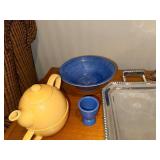 Gold Oval Tray, Silver Beaded Tray, Blue Bowl, Goblet & Teapot - 6-Piece Kitchenware Lot