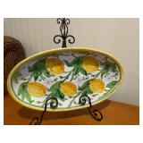 Oval Lemon Pattern Ceramic Platter with Metal Display Stand - 11 in