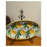 Oval Lemon Pattern Ceramic Platter with Metal Display Stand - 11 in