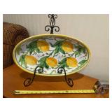 Oval Lemon Pattern Ceramic Platter with Metal Display Stand - 11 in