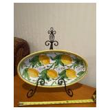 Oval Lemon Pattern Ceramic Platter with Metal Display Stand - 11 in