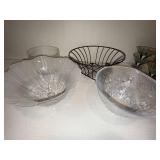 Frosted Ribbed Glass Bowl & Embossed Oval Glass Bowl & Wire Mesh Basket