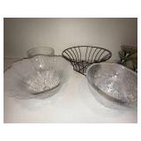 Frosted Ribbed Glass Bowl & Embossed Oval Glass Bowl & Wire Mesh Basket