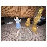 Blue Angel Figurine with Mandolin, Gold Nativity Figures, Clear Crystal Rock