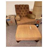 Traditional Tufted Beige Striped Armchair & Matching Ottoman