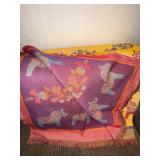 Dala Horse Throw Blanket - Vintage Swedish, Yellow Front with Red Horses, Reversible Purple Back