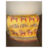 Dala Horse Throw Blanket - Vintage Swedish, Yellow Front with Red Horses, Reversible Purple Back
