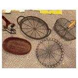 Set of 4 Kitchen Baskets & Trivets - Round Wire Trivets, Fry Basket, Wicker Basket