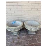 Cast Stone Planter Urns - Pair with Relief Carvings for Garden Decor