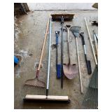 Assorted Garden Tools - Rakes, Shovels, Brooms & More