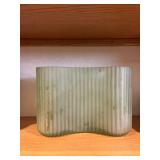 Green Ribbed Glass Vase Planter - 9 in L x 4.5 in W x 6 in H - Unmarked