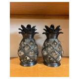 Pineapple Candle Holders - Black Metal with Glass Panels (Set of 2)