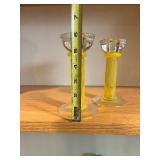 Two Yellow Glass Candle Holders with Striped Stems - Clear Cup Tops
