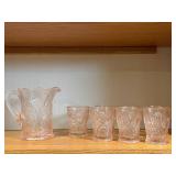 Pink Glass Pitcher With Floral Embossed Pattern And 4 Matching Tumblers - 5-Piece Set