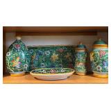 F.C. Deruta Majolica Grape-Vine Ceramic 4-Piece Set - Decanter, Tray & Lidded Jars