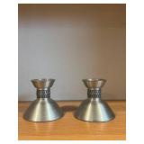Pair of Metal Candle Holders - Brushed Silver Finish, Diamond Pattern Neck