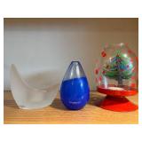 Kosta Boda Glass Trio: Crescent White Sculpture, Blue Teardrop Vessel, Christmas Tree Snow Globe