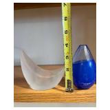 Kosta Boda Glass Trio: Crescent White Sculpture, Blue Teardrop Vessel, Christmas Tree Snow Globe