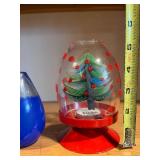 Kosta Boda Glass Trio: Crescent White Sculpture, Blue Teardrop Vessel, Christmas Tree Snow Globe