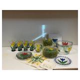 Kosta Boda Tulipa Glassware Set - 6 Tulip Tumblers, Plates & Bowls with Yellow Tulips