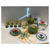 Kosta Boda Tulipa Glassware Set - 6 Tulip Tumblers, Plates & Bowls with Yellow Tulips
