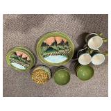 VIETRI Hand-Painted Italian Ceramic Dinnerware Set - Olive Green Rim, Landscape Motifs