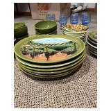 VIETRI Hand-Painted Italian Ceramic Dinnerware Set - Olive Green Rim, Landscape Motifs