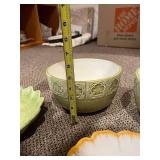Six-Piece Decorative Ceramic Bowls & Small Plates Set - Green Glaze, Floral & White