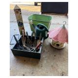 Assorted Garden Tools in Crate with Watering Can, Green Tub & Pink Mushroom House
