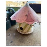 Assorted Garden Tools in Crate with Watering Can, Green Tub & Pink Mushroom House