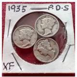 (3) 1935 Mercury Dimes - P/D/S