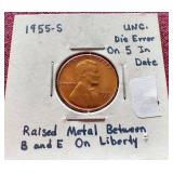 1955-S Wheat Penny - BU Red Coin With Die Errors