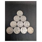 Lot Of 10 90% Silver Franklin Half Dollars