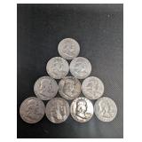 Lot Of 10 90% Silver Franklin Half Dollars