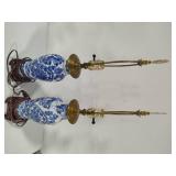 Pair of Blue & White Side Table Lamps w/Wood Base Pair of Blue & White Side Table Lamps w/Wood Base