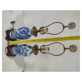 Pair of Blue & White Side Table Lamps w/Wood Base Pair of Blue & White Side Table Lamps w/Wood Base
