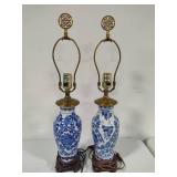 Pair of Blue & White Side Table Lamps w/Wood Base Pair of Blue & White Side Table Lamps w/Wood Base