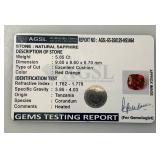 AGSL Labs Natural Sapphire 5.65 CT. Red Orange Excellent Chusion Cut (With Card) AGSL Labs Natural Sapphire 5.65 CT. Red Orange Excellent Chusion Cut (With Card)