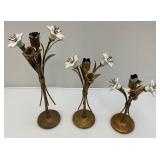 3 Antique Hollywood Regency Ceramic Lilies Ant Metal Candle Holders 9', 11' & 14' 3 Antique Hollywood Regency Ceramic Lilies Ant Metal Candle Holders 9', 11' & 14'