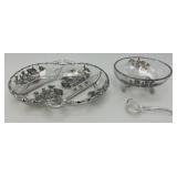 Vintage Silver Overlay Fostoria Century 3 Part Divided Relish Dish & Gravy Boat With Spoon Vintage Silver Overlay Fostoria Century 3 Part Divided Relish Dish & Gravy Boat With Spoon