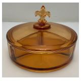 1920's Fostoria Fluer De Lis Amber Divided Candy Dish Covered Vintage 1920's Fostoria Fluer De Lis Amber Divided Candy Dish Covered Vintage