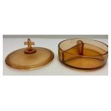 1920's Fostoria Fluer De Lis Amber Divided Candy Dish Covered Vintage 1920's Fostoria Fluer De Lis Amber Divided Candy Dish Covered Vintage