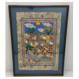 Framed Behind Glass Mexican Folk Art Amate Bark Painting Of Village With Farm Animals 20' x 27' Framed Behind Glass Mexican Folk Art Amate Bark Painting Of Village With Farm Animals 20' x 27'