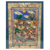 Framed Behind Glass Mexican Folk Art Amate Bark Painting Of Village With Farm Animals 20' x 27' Framed Behind Glass Mexican Folk Art Amate Bark Painting Of Village With Farm Animals 20' x 27'