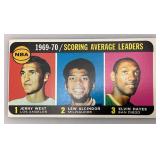 1970-71 Topps NBA 1969-70 Scoring Average Leaders Jerry West, Lew Alcindor And Elvin Hayes Card (In Protective Sleeve) Reprint? 1970-71 Topps NBA 1969-70 Scoring Average Leaders Jerry West, Lew Alcindor And Elvin Hayes Card (In Protective Sleeve) Reprint?